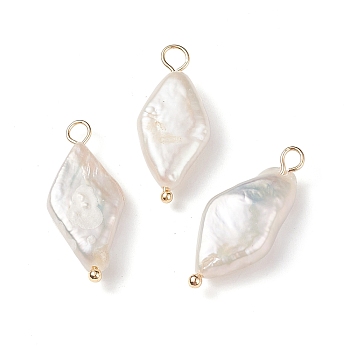 Natural Keshi Pearl Pendants, Rhombus Charm, Cultured Freshwater Pearl, with Real 18K Gold Plated Brass Loops, Creamy White, 22.5~24.5x10~10.5x5~5.5mm, Hole: 2~2.5mm