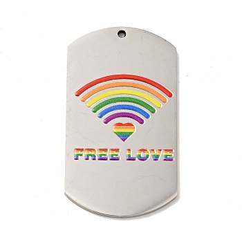 Pride 201 Stainless Steel Big Pendants, Oval Rectangle with Word Free Love, Stainless Steel Color, Rainbow Pattern, 50x28x2mm, Hole: 1.8mm