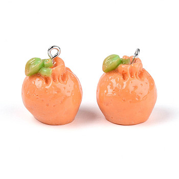 Opaque Resin Pendants, Dekopon Orange Charms, with Platinum Plated Iron Loops, Coral, 20.5~22x17.5~18.5mm, Hole: 2mm