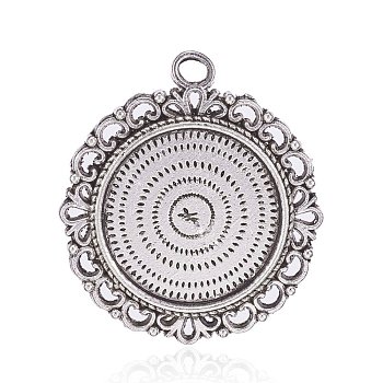 Tibetan Style Alloy Pendant Cabochon Settings, Flat Round, Antique Silver, Tray: 20mm, 43x39x2.5mm, Hole: 3mm