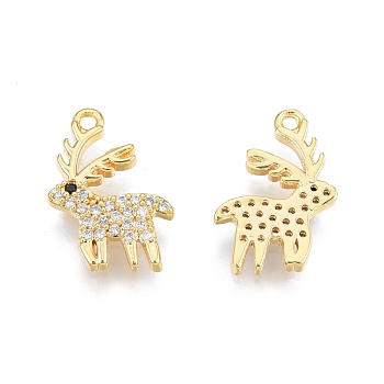 Brass Pave Clear Cubic Zirconia Charms, Nickel Free, Deer, Real 18K Gold Plated, 15x10.5x1.5mm, Hole: 1.2mm