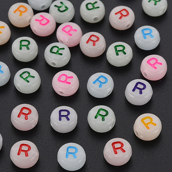 Acrylic Beads, Glow in the Dark, with Enamel and Luminous, Horizontal Hole, Flat Round with Alphabet, Letter.R, 6.5x7x4mm, Hole: 1.6mm, about 3600pcs/500g