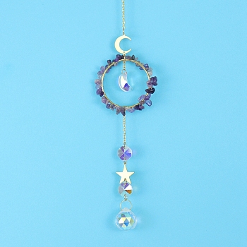 Glass & Brass Pendant Decorations, Suncatchers, Rainbow Makers, with Chips Amethyst, for Home Decoration, 400mm