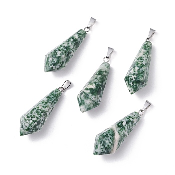 Natural Qinghai Jade Pointed Pendants, with Platinum Plated Brass Loops, Bullet, 35.3~38x13~14mm, Hole: 6.5x2.8mm