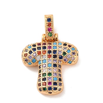 Brass Micro Pave Cubic Zirconia Pendants, Real 18K Gold Plated, Colorful, Letter T, 18.5~24x12.5~25.5x5~5.5mm, Hole: 5x3mm