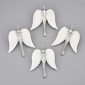 Freshwater Shell Brooches/Pendants, with Alloy Findings, Angel, Platinum, Seashell Color, 64x49x14mm, Hole: 8x4mm, Pin: 0.6mm