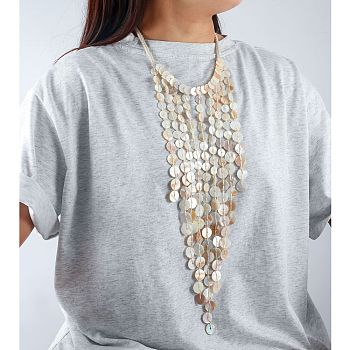 Resin Disc Long Tassel Cotton Rope Bib Necklaces with Alloy End Chains for Women, Platinum, Floral White, 17.72~19.29 inch(45~49cm)