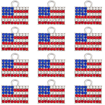 18Pcs Independence Day Alloy Pendants, with Rhinestone, Platinum, Rectangle Flag Charm, Colorful, 14.5x16.5x2mm, Hole: 2.6mm