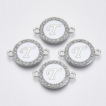 Alloy Enamel Links Connectors, with Crystal Rhinestones, Flat Round with Letter, Silver Color Plated, Letter.T, 22x16x2mm, Hole: 1.8mm