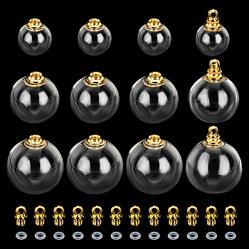 Elite 12 Sets 3 Style Openable Transparent Glass Pendants, with Iron Findings and Rubber Ring, Round, Golden, 17.5~25x11.5~20mm, Hole: 2.5~2.6mm, 4 sets/style