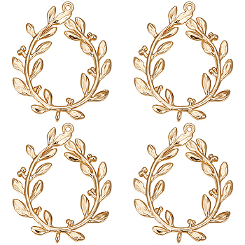 10Pcs Brass Connector Charms, Olive Branch Wreath Links, Real 18K Gold Plated, 28x22x1mm, Hole: 1mm