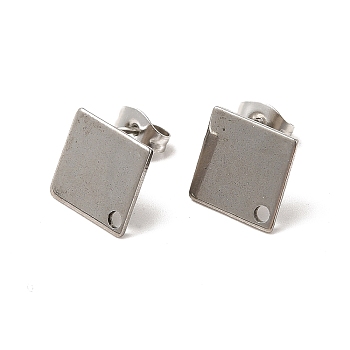 201 Stainless Steel Stud Earring Findings, with 304 Stainless Steel Pin & Hole & Friction Ear Nuts, Rhombus, Stainless Steel Color, 14x14mm, Hole: 1.6mm, Pin: 0.7mm