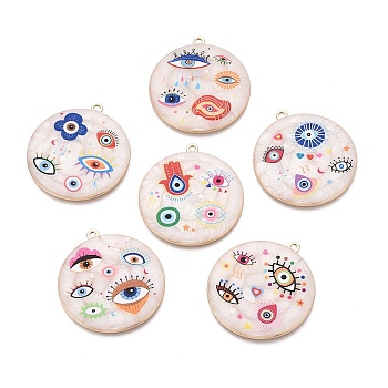 Printed Alloy Enamel Pendants, Flat Round & Evil Eye Charms, Rack Plating, Cadmium Free & Lead Free & Nickel Free, Golden, Mixed Color, 39x36x2.5~3mm, Hole: 1.8mm