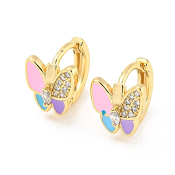 Butterfly Real 18K Gold Plated Brass Hoop Earrings, with Enamel and Clear Cubic Zirconia, Colorful, 10.5x9mm