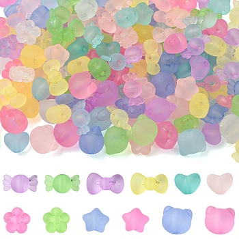 300Pcs 6 Styles Frosted Transparent Acrylic Beads, Mixed Color, Mixed Shapes, 8.5~13x9.5~17.5x6~9.5mm, Hole: 2.2~2.7mm, 50pcs/style