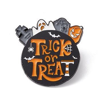 Word Trick or Treat Enamel Pin, Planet with Ghost Halloween Alloy Badge for Backpack Clothes, Electrophoresis Black, Dark Orange, 29.5x29x1.5mm, Pin: 1mm