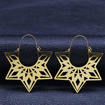 304 Stainless Steel Hollow Star Hoop Earrings, Bohemia Theme Earrings, Golden, 48.5x40x1mm