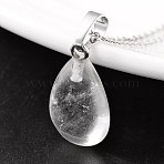 Teardrop Platinum Tone Brass Quartz Crystal Pendants, Rock Crystal, 23x13~14x6~8mm, Hole: 5x8mm(G-F267-02F)