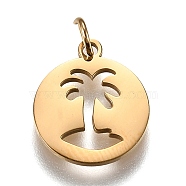 316L Surgical Stainless Steel Pendants, with Jump Rings, Flat Round with Hollow Palm Tree, Real 18K Gold Plated, 16x13.5x1mm, Hole: 3mm(STAS-P258-01G)