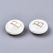 Natural Freshwater Shell Beads, with Golden Plated Brass Etched Metal Embellishments, Flat Round, Seashell Color, Letter.B, 8x3~5mm, Hole: 0.5~07mm(SHEL-S266-12B)