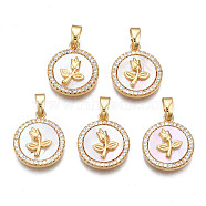Brass Micro Pave Clear Cubic Zirconia Pendants, with Shell, Cadmium Free & Nickel Free & Lead Free, Flat Round with Flower, Real 18K Gold Plated, 16x13.5x3mm, Hole: 2.5x5mm(KK-N233-165)