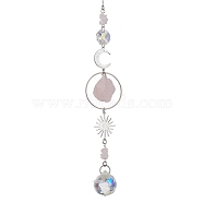 Rough Raw Natural Rose Quartz Nuggets Hanging Ornaments, Sun & Glass Teardrop Hanging Suncatcher, 290mm(HJEW-JM01839-03)