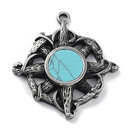 Tibetan Style Alloy Pendnat, with Synthetic Turquoise, Frosted, Cyan, 47.5x42.5x6mm, Hole: 3mm(PALLOY-H133-23AS-02)
