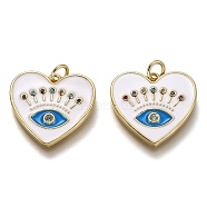 Brass Micro Pave Colorful Cubic Zirconia Pendants, Long-Lasting Plated, with Jump Rings & White and Dodger Blue Enamel, Heart with Eye, Real 18K Gold Plated, 19x20x2.5mm, Hole: 3.2mm(ZIRC-B0003-12G)