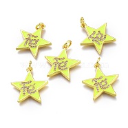 Brass Micro Pave Clear Cubic Zirconia Pendants, with Enamel and Jump Rings, Star with Word, Real 18K Gold Plated, Yellow, 20x19x2mm, Hole: 3mm(ZIRC-I046-11E)