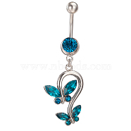 Piercing Jewelry Real Platinum Plated Brass Rhinestone Double Butterfly Navel Ring Belly Rings, Blue Zircon, 51x17mm, Bar Length: 3/8"(10mm), Bar: 14 Gauge(1.6mm)(AJEW-EE0001-41B)