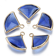 Transparent Glass Pendants, with Light Gold Plated Brass Findings, Faceted, Fan, Royal Blue, 16~17x19x6mm, Hole: 2mm(X-GLAA-N038-12F)