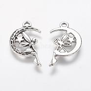 Tibetan Style Alloy Moon with Fairy Pendants, Halloween, Cadmium Free & Lead Free, Antique Silver, 25.4x14x2mm, Hole: 2mm, about 454pcs/500g(TIBEP-Q043-031-RS)