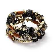 Boho Multi-strand Irregular Synthetic Turquoise Beads Wrap Bracelet, Flower Charm Bracelet, Wood & Round Flower Beads Bracelet, Ethnic Jewelry for Women, Antique Golden, Black, Inner Diameter: 1-7/8 inch(4.9cm)(BJEW-G635-02F)