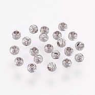Carved Brass Beads, Long-Lasting Plated, Round, Real Platinum Plated, 2.5~3x2mm, Hole: 1mm(KK-G312-02P-3mm)