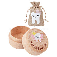 1Pc Round Wooden Baby Tooth Keepsake Organizer Storage Box, Baby Girl First Lost Deciduous Teeth Collection, for Baby Shower Gifts, with Burlap Packing Pouches, Bisque, Box: 5.2x3.8cm(CON-GO0001-01)