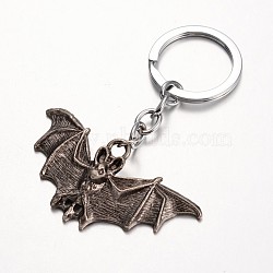 Bat Alloy Keychain, with Iron Chain and Rings, Antique Silver, 82mm(X-KEYC-M019-06AS)