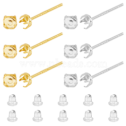 6 Pairs 2 Colors 925 Sterling Silver Post Stud Earring Findings, Prong Earring Setting, with 20Pcs Plastic Ear Nuts, Golden & Silver, Tray: 3.3mm, 4x4mm, Pin: 0.7mm, 3 Pair/color(STER-DC0001-16)