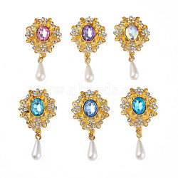 Alloy Cabochons, with Acrylic Rhinestone, ABS Plastic Imitation Pearl Beads and Crystal Rhinestone, Cadmium Free & Lead Free, Faceted, Oval & Teardrop, Golden, Mixed Color, 57mm(PALLOY-N151-07-G)