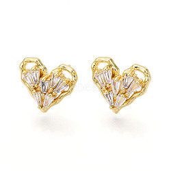 Cubic Zirconia Heart Stud Earrings, Brass Earrings for Women, Real 18K Gold Plated, 11x13mm(X-EJEW-G353-03G)