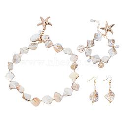 Shell Beaded Charm Bracelets and Rhombus Dangle Earrings and Pendant Necklaces for Women, Shell Shape, with Alloy and Imitation Pearl, Mixed Color, 8 inch(20.2cm)(SJEW-ME0001-11)