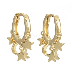Brass Huggie Hoop Earrings, Long-Lasting Plated, Star and Moon, Real 18K Gold Plated, 18.5mm, Pin: 0.9mm(EJEW-K083-44G)