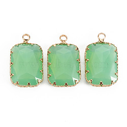 Transparent Glass Pendants, with Brass Prong Settings, Faceted, Rectangle, Light Gold, Light Green, 24x14x6mm, Hole: 1.6mm(GLAA-S193-005-A01)