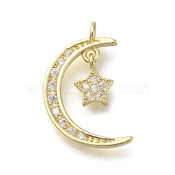 Rack Plating Brass Micro Pave  Cubic Zirconia Pendants, Long-Lasting Plated, Moon with Star, Real 14K Gold Plated, 17x11.5x1.5mm, Hole: 1.6mm(KK-M014-12G)