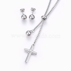 304 Stainless Steel Jewelry Sets, Pendant Necklaces and Stud Earrings, Cross, Stainless Steel Color, Necklace: 23.62 inch(60cm), 2mm, Earrings: 19x8mm, Pin: 0.8mm(SJEW-P098-19P)