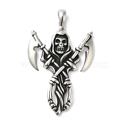 304 Stainless Steel Manual Polishing Big Pendants, Skull with Axe Charms, Antique Silver, 51.5x32x5mm, Hole: 4x6mm(STAS-G274-28AS)