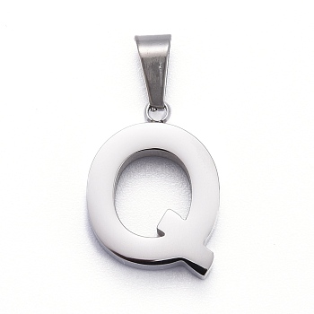 304 Stainless Steel Letter Pendants, Manual Polishing, Alphabet, Stainless Steel Color, Letter.Q, 18.5x11.5x3.5mm, Hole: 6.5x3.5mm