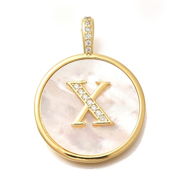 Rack Plating Brass Micro Pave Clear Cubic Zirconia Pendants with Shell, Letter Series Charms, Long-Lasting Plated, Lead Free & Cadmium Free, Letter X, 32x24x3.5mm, Hole: 6x3mm