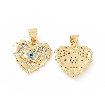 Brass Micro Pave Cubic Zirconia Pendants, Heart with Evil Eye Charm, Golden, 23x18x13mm, Hole: 5x3mm