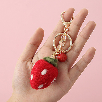 Wool Felt Keychain, with Iron Key Rings & Lobster Claw Clasps & Bell, Strawberry Pattern, 14.5cm