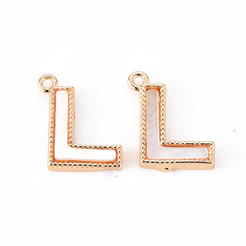 Brass Charms, with Shell, Real 18K Gold Plated, Nickel Free, Letter.L, 10.5x9x2mm, Hole: 0.9mm